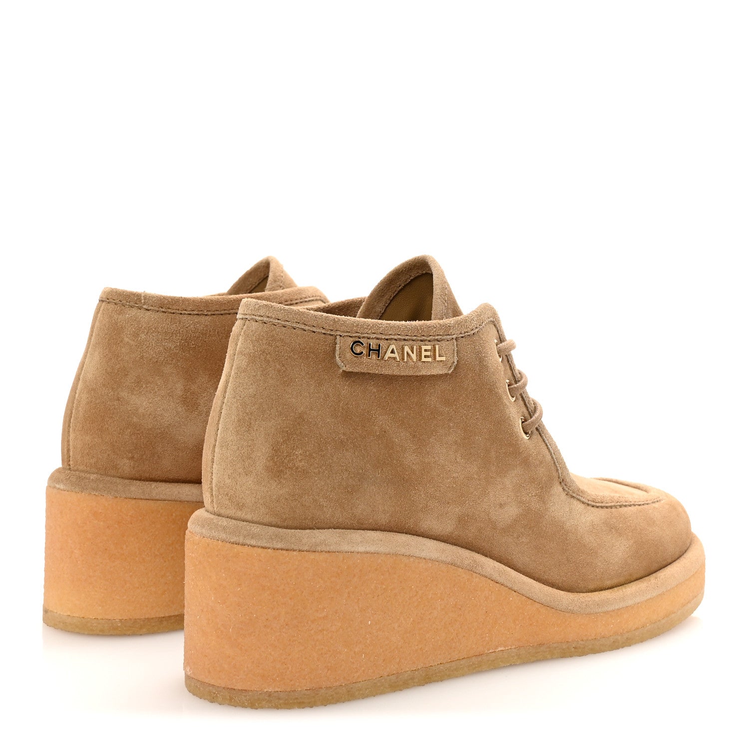 Chanel Suede Calfskin Lace Up Wedge Booties 40.5 Beige 5 of 10