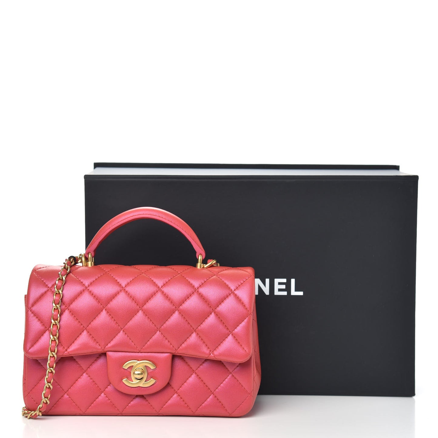 Iridescent Lambskin Quilted Mini Top Handle Rectangular Flap Red