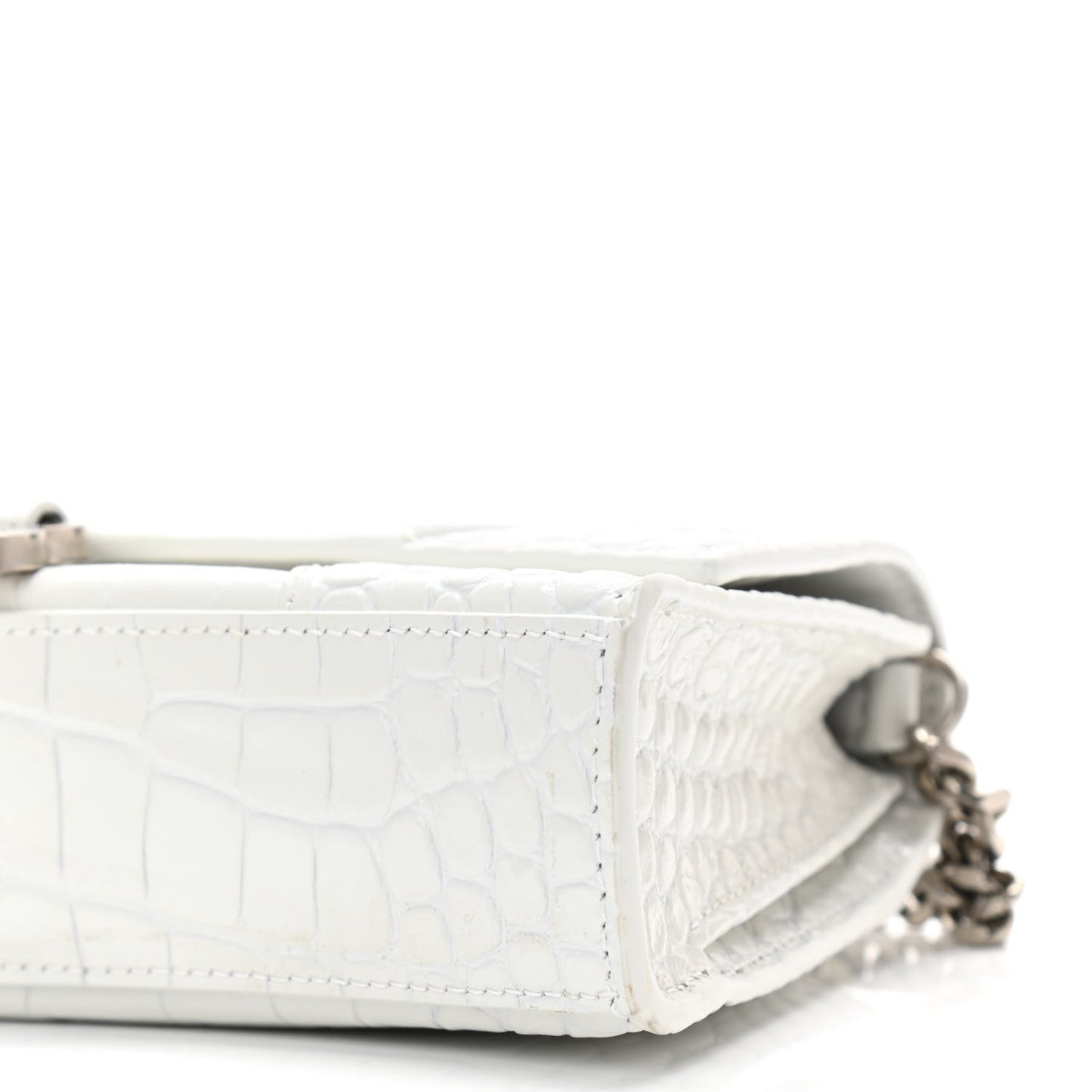 Shiny Calfskin Crocodile Embossed Small Hourglass Evening Chain Bag White
