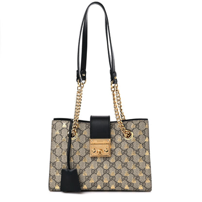 Gucci GG Supreme Monogram Bees Small Padlock Tote Beige Oro Black 1 of 11