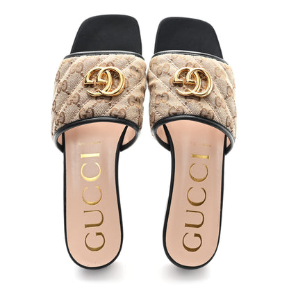 Gucci Monogram Matelasse Diagonal GG Marmont Flat Slide Sandals 40 Beige Ebony Black 2 of 10
