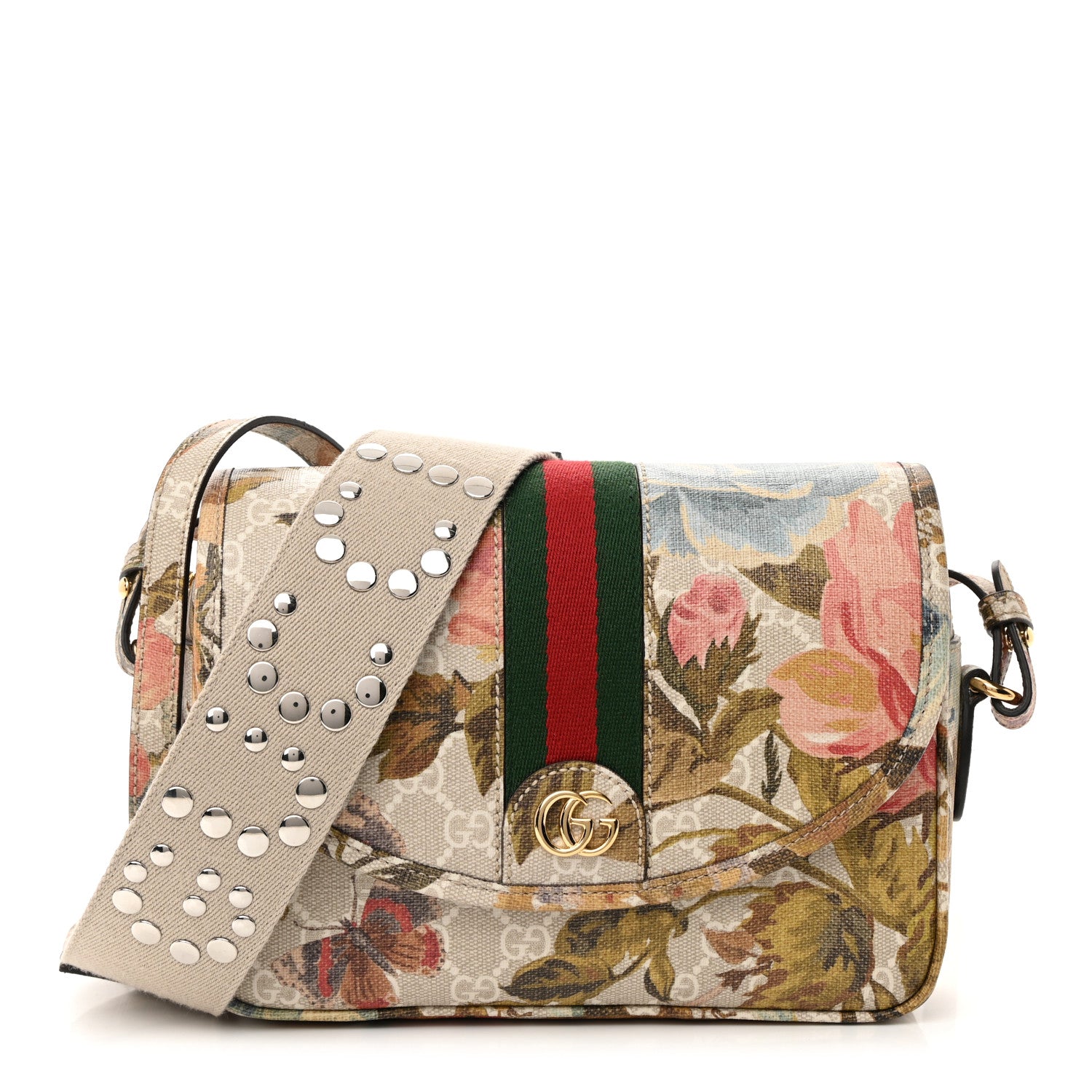 Gucci GG Supreme Monogram Water Flora Web Studded Mini Ophidia Flap Shoulder Bag Beige White Multicolor 1 of 12