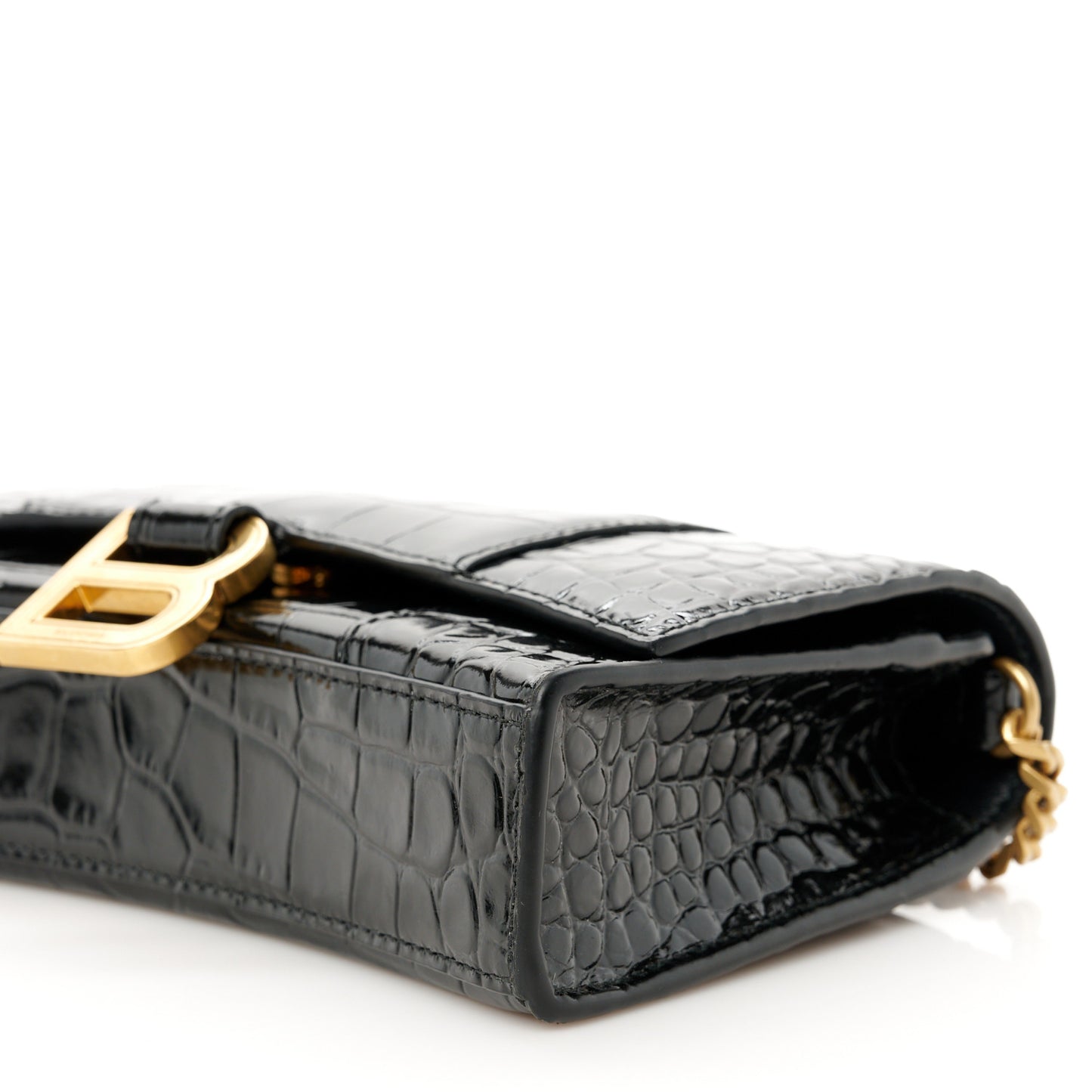 Shiny Calfskin Crocodile Embossed Hourglass Chain Bag Black
