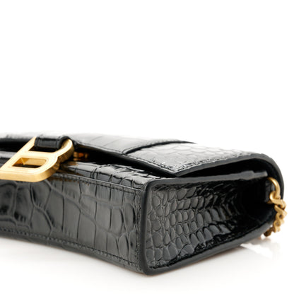 Balenciaga Shiny Calfskin Crocodile Embossed Hourglass Chain Bag Black 11 of 11