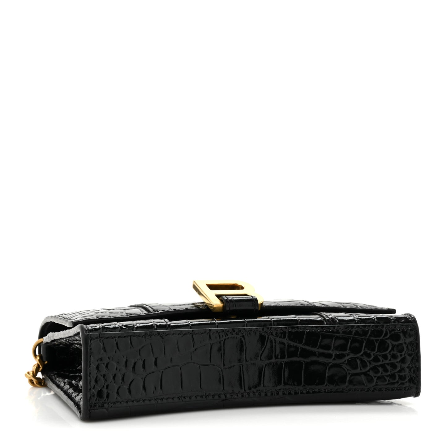 Shiny Calfskin Crocodile Embossed Hourglass Chain Bag Black