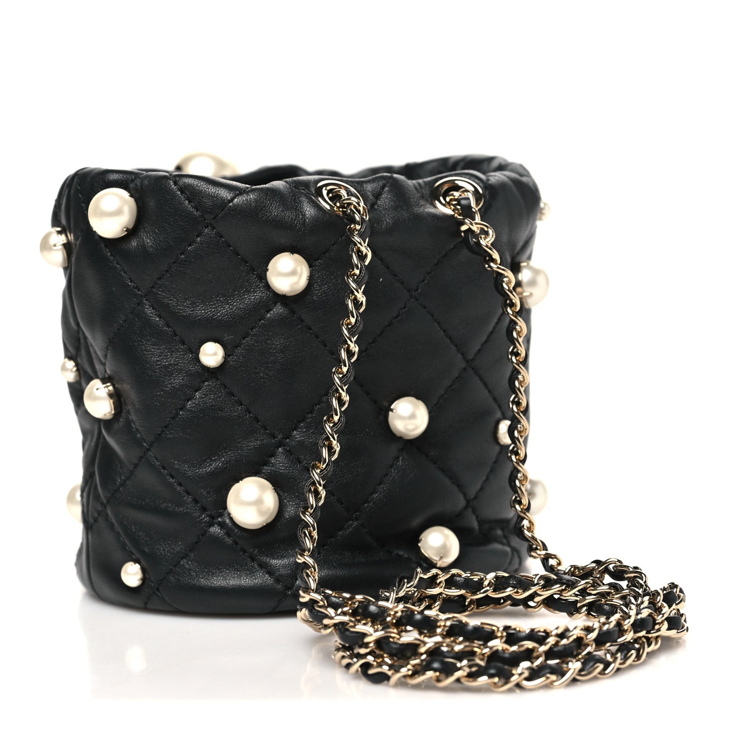 Lambskin Quilted Pearl Mini About Pearls Drawstring Bag Black