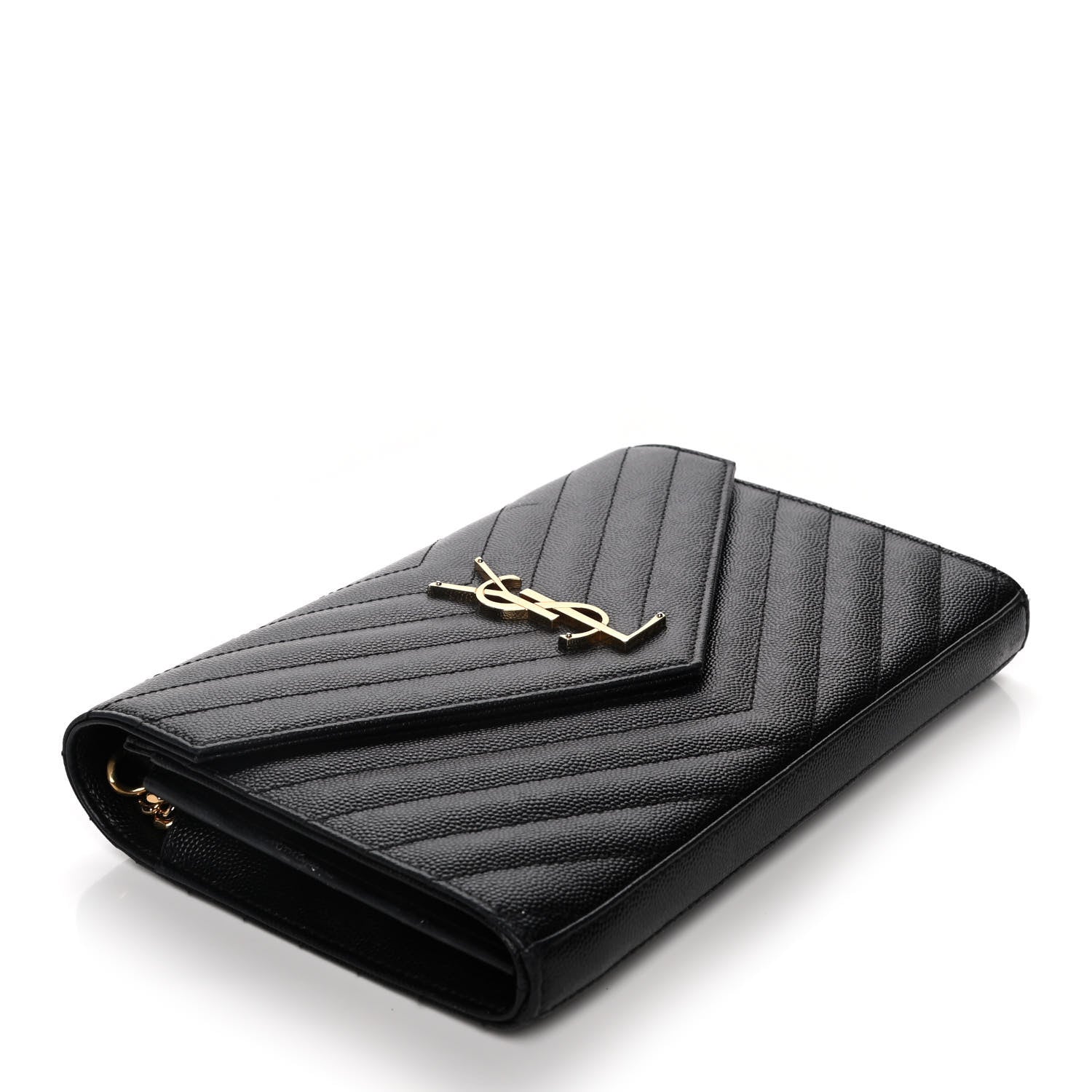 Saint Laurent Grain De Poudre Matelasse Chevron Monogram Chain Wallet Black 3 of 16