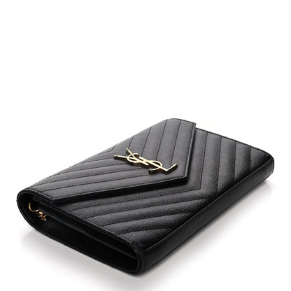Saint Laurent Grain De Poudre Matelasse Chevron Monogram Chain Wallet Black 3 of 16