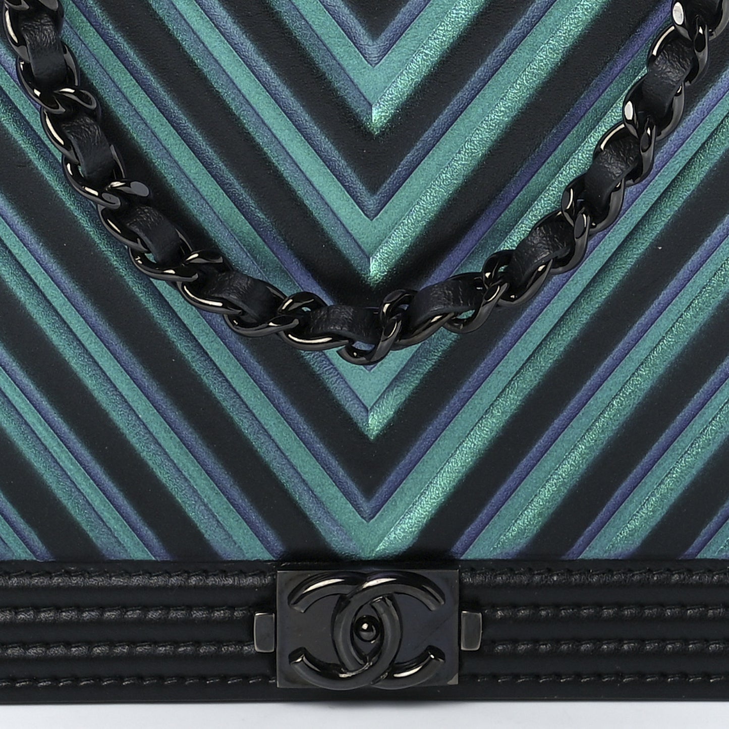 Calfskin Painted Chevron Embossed Boy Wallet On Chain WOC Black