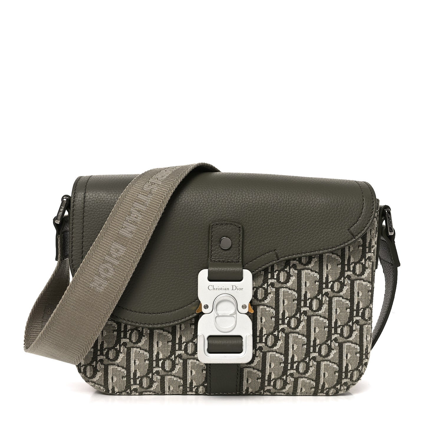 Oblique Jacquard Grained Calfskin Small Saddle Messenger Bag With Flap Green