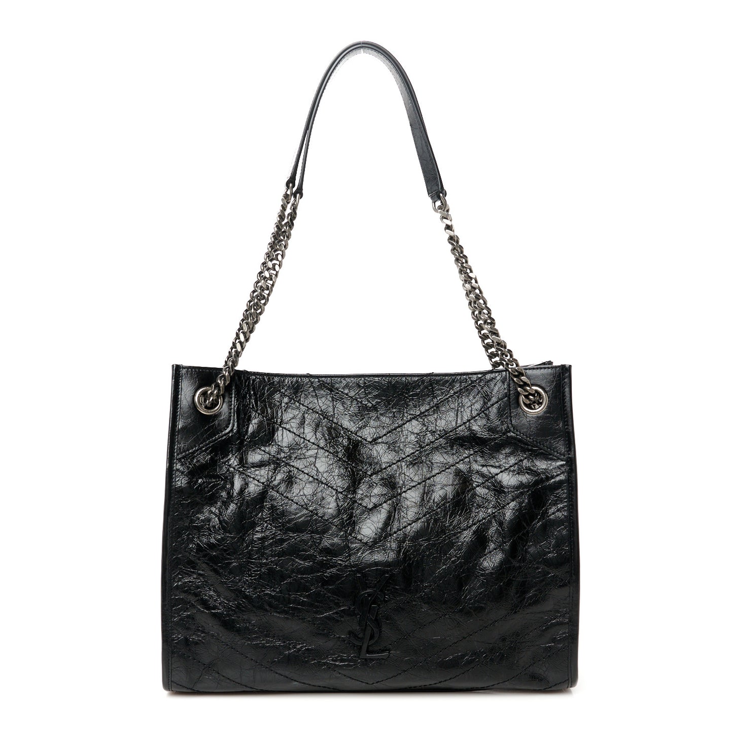 Crinkled Calfskin Matelasse Monogram Medium Niki Shopper Tote Black