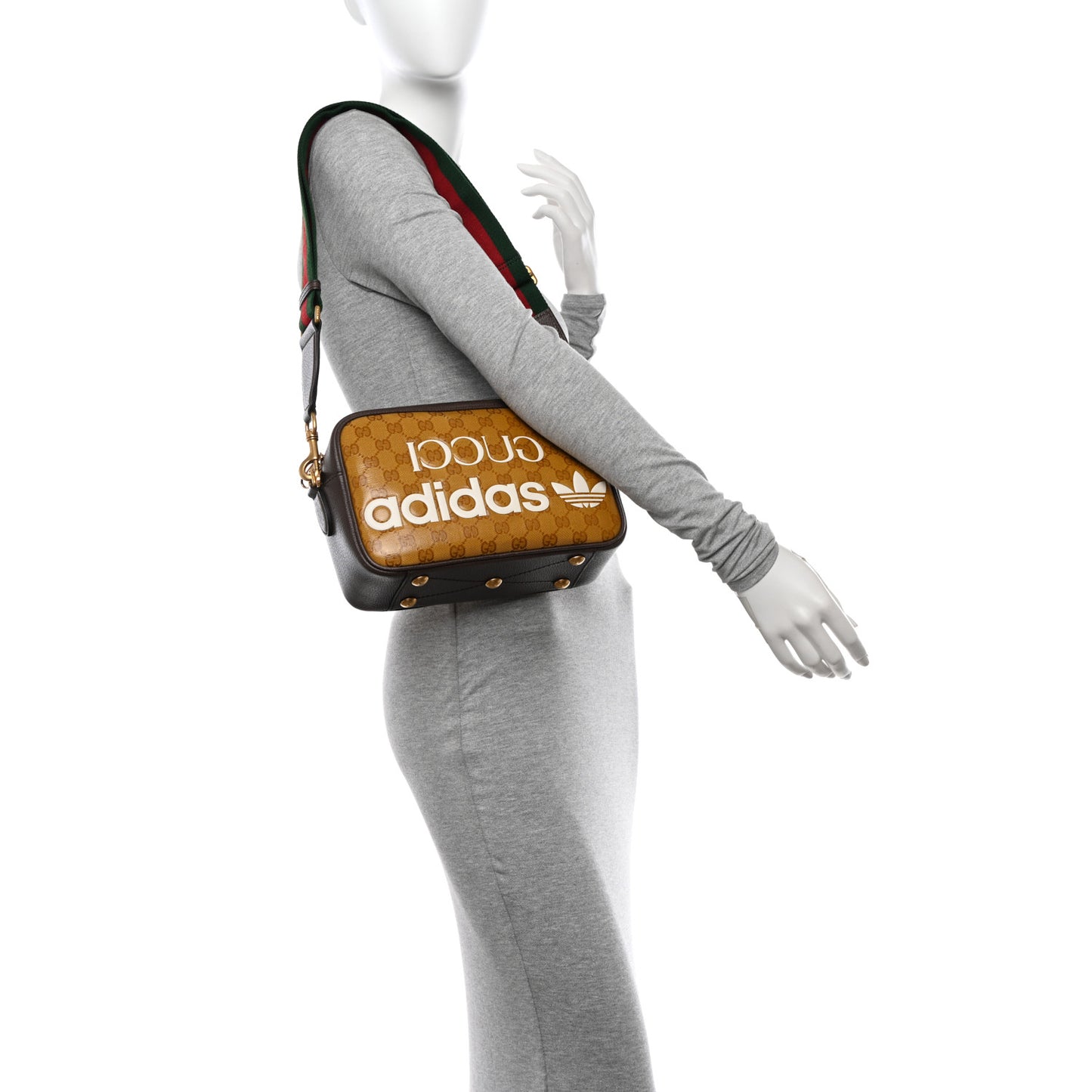 X ADIDAS Crystal Vintage Monogram Textured Dollar Calfskin Web Trefoil Logo Small Messenger Bag Mid Natural Nut Off White New Acero