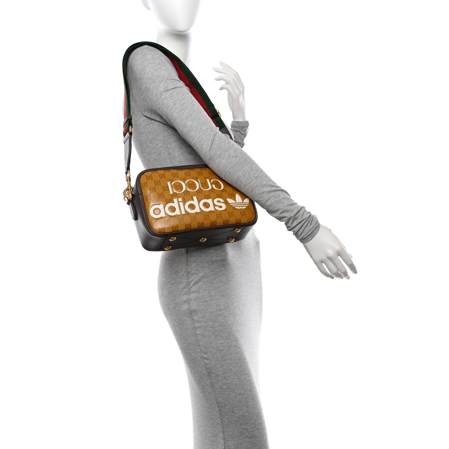Gucci X ADIDAS Crystal Vintage Monogram Textured Dollar Calfskin Web Trefoil Logo Small Messenger Bag Mid Natural Nut Off White New Acero 2 of 12