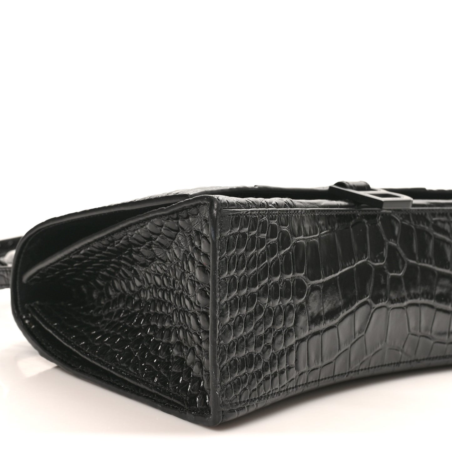 Shiny Calfskin Monochrome Crocodile Embossed Medium Hourglass Top Handle Bag Black