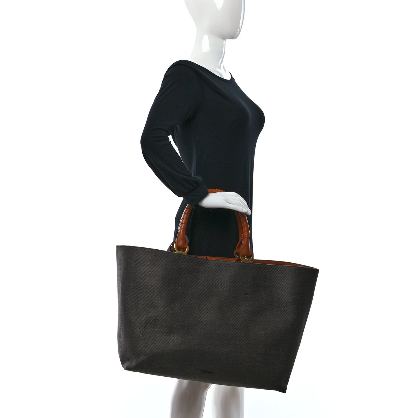 Linen Canvas Calfskin Large Marcie Tote Black Tan