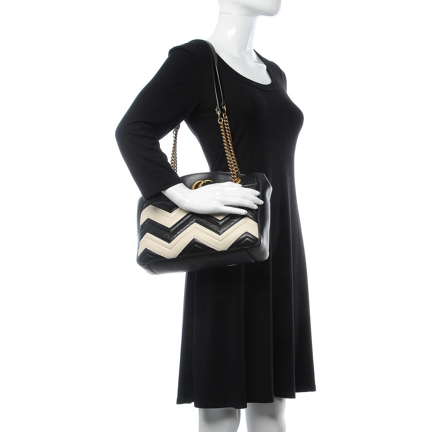 Calfskin Matelasse Medium GG Marmont Open Top Shoulder Bag Black White