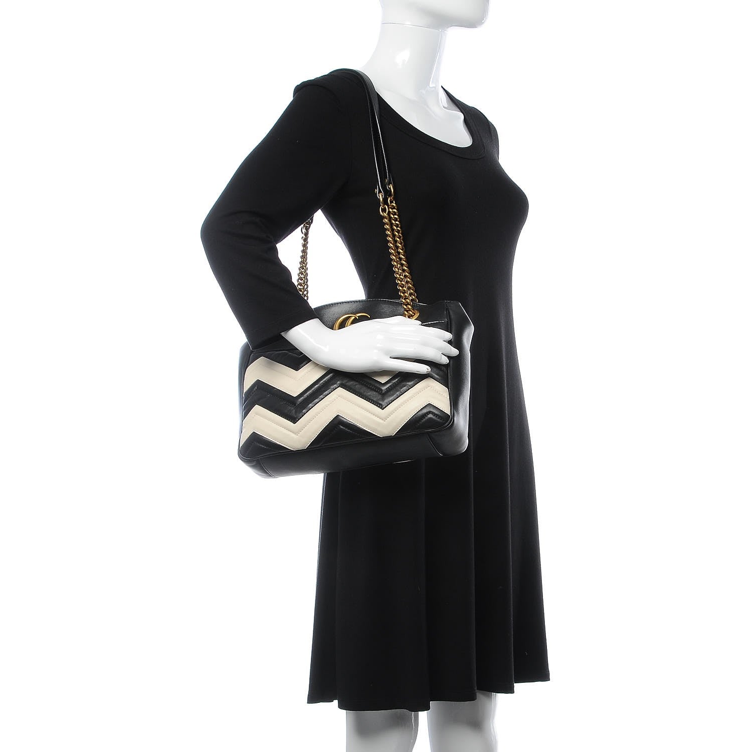 Gucci Calfskin Matelasse Medium GG Marmont Open Top Shoulder Bag Black White 2 of 8