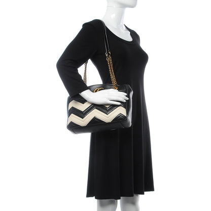 Gucci Calfskin Matelasse Medium GG Marmont Open Top Shoulder Bag Black White 2 of 8