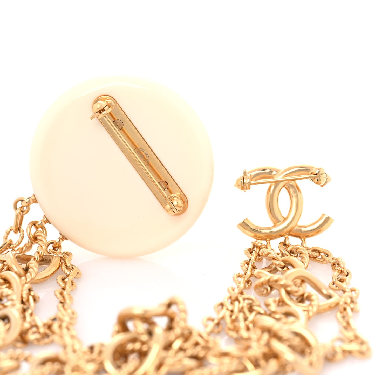 Metal Resin Medallion Multi Strand Long Chain Brooch Gold