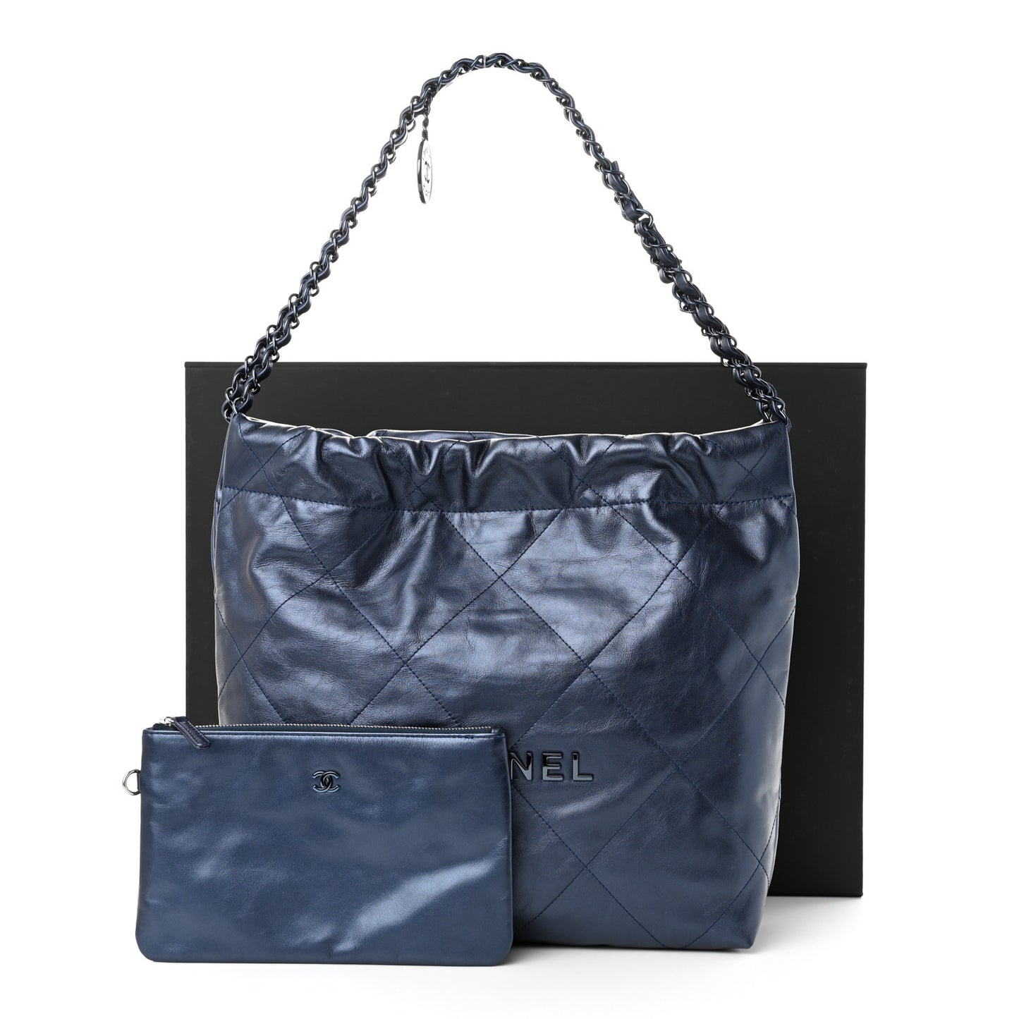 Metallic Calfskin Quilted Small Chanel 22 Navy Blue