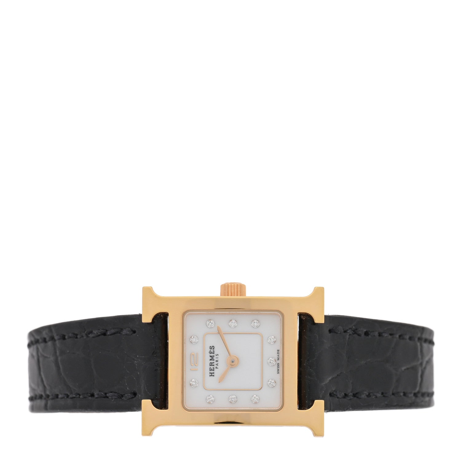 Hermes Stainless Steel Alligator Diamond Mother of Pearl 17.2mm Heure H Hour Quartz Watch Noir 2 of 5
