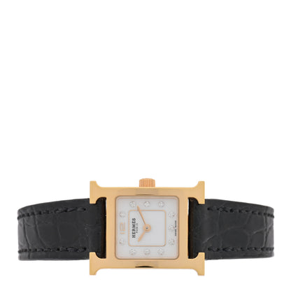 Hermes Stainless Steel Alligator Diamond Mother of Pearl 17.2mm Heure H Hour Quartz Watch Noir 2 of 5