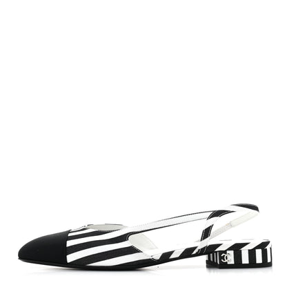 Chanel Fabric Grosgrain Cap Toe CC Slingback Flats 39 White Black 1 of 8