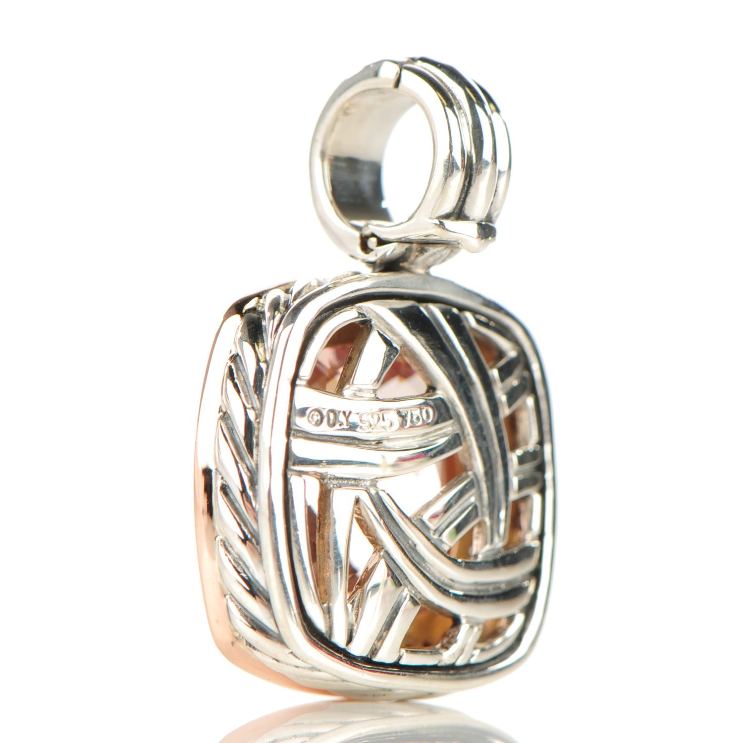 David Yurman Sterling Silver 18K Rose Gold Pave Diamond 14mm Morganite Enhancer Pendant 3 of 4