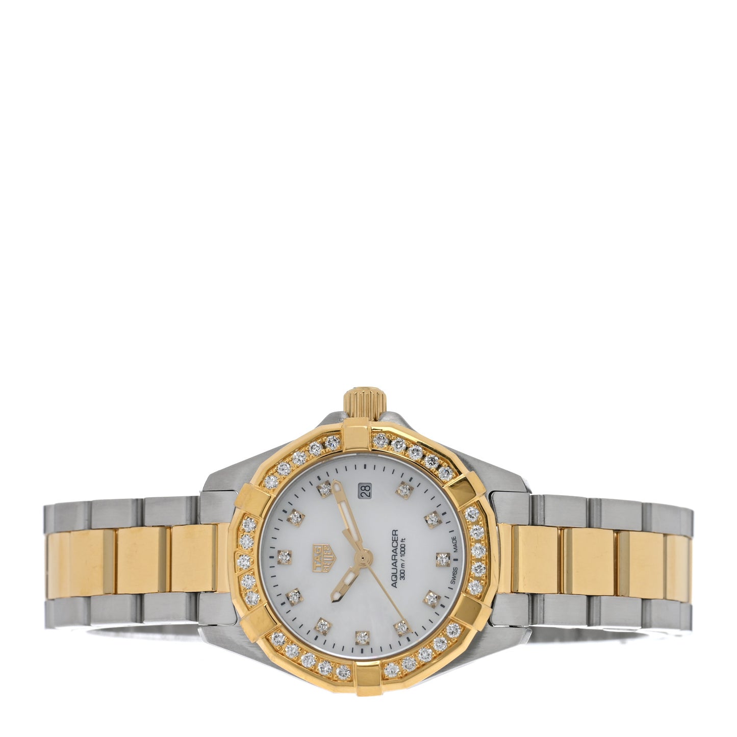 Stainless Steel 18K Yellow Gold Diamond Bezel Mother of Pearl 27mm Aquaracer Lady Quartz Watch WBD1423