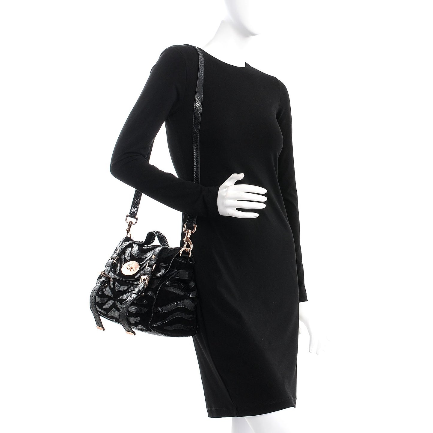 Suede Lizard Print Patchwork Medium Alexa Black