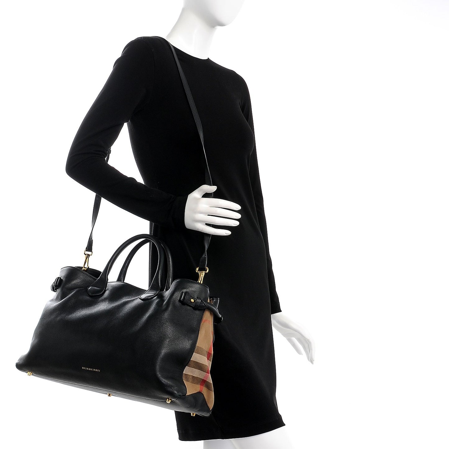 Grainy Calfskin House Check Large Banner Tote Black