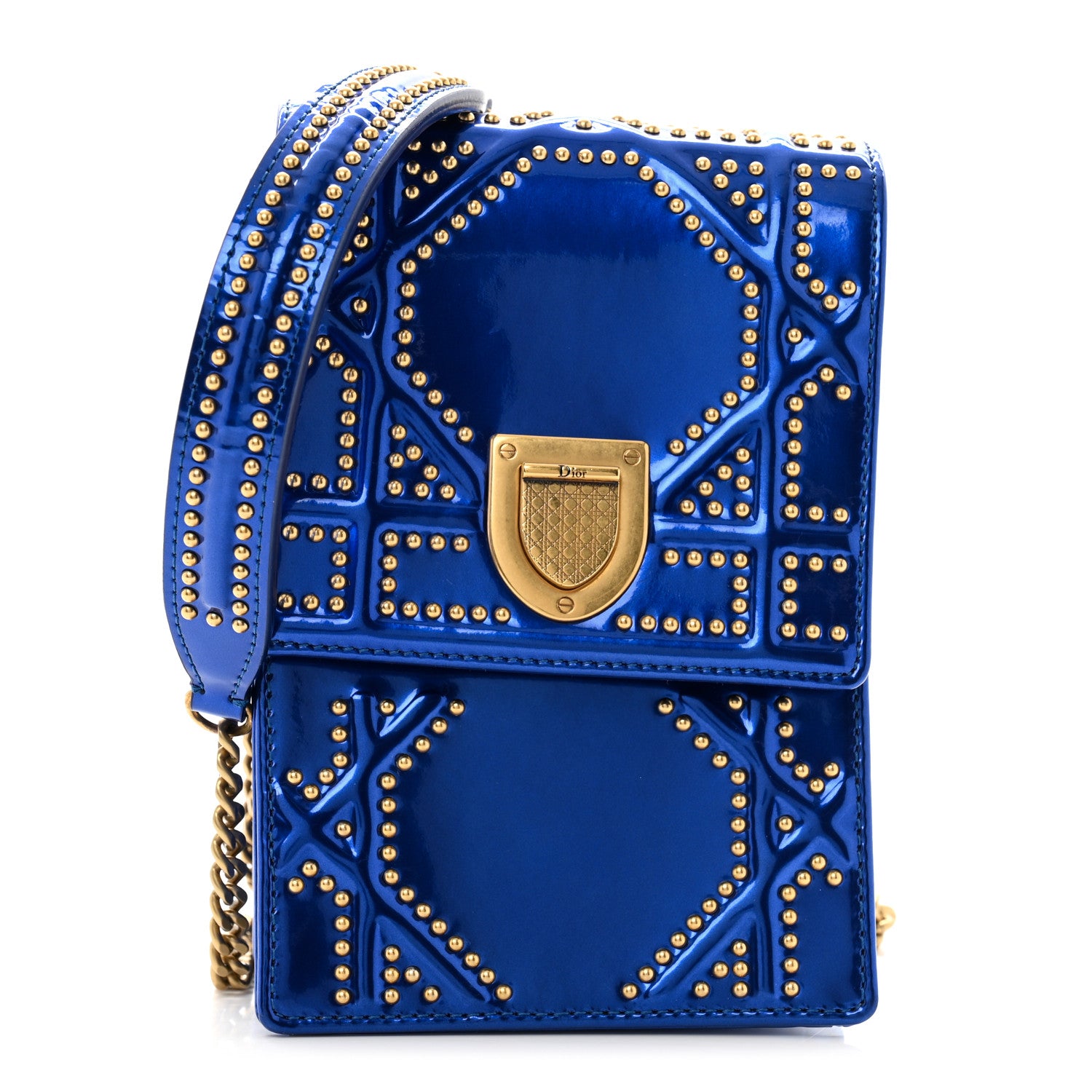 Christian Dior Metallic Calfskin Studded Vertical Diorama Blue 1 of 12