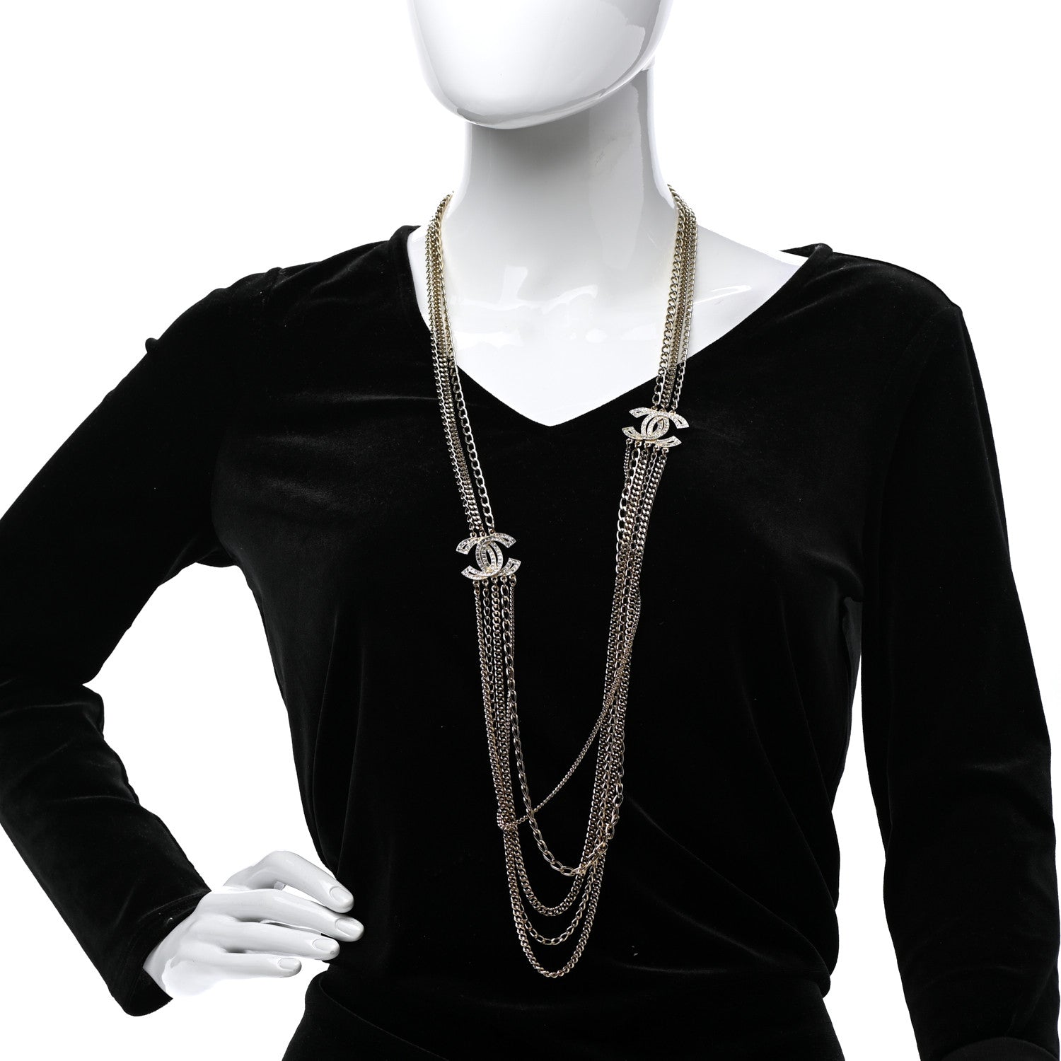 Chanel Multi Strand Chain Baguette Crystal CC Necklace Gold 2 of 7