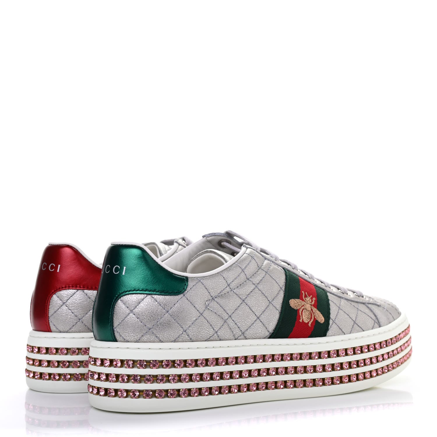 Gucci Laminated Nappa Crystal Web Bee Embroidered Trapuntata Womens Ace Platform Sneakers 37 Argento 3 of 4
