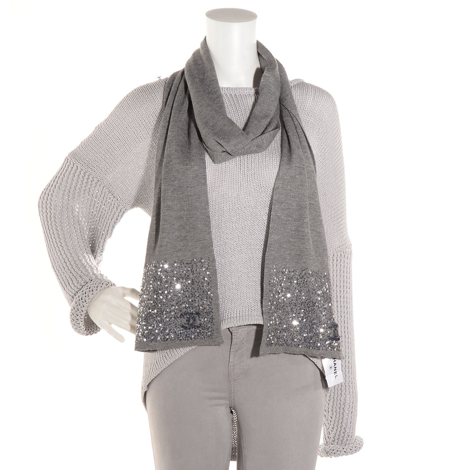 Chanel Cashmere Silk Sequin CC Scarf Grey 2 of 5
