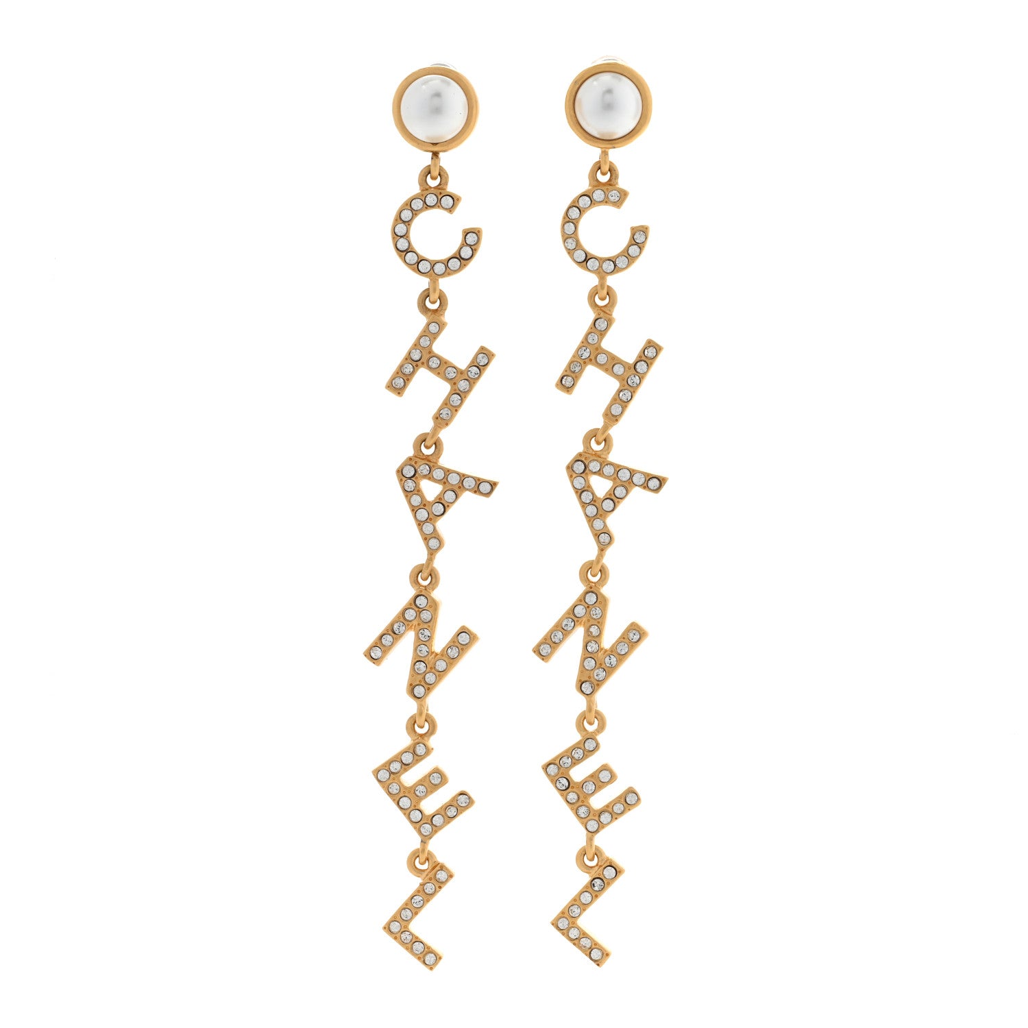Chanel Crystal Pearl Logo Drop Earrings Gold 1 of 4