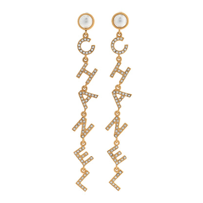 Chanel Crystal Pearl Logo Drop Earrings Gold 1 of 4