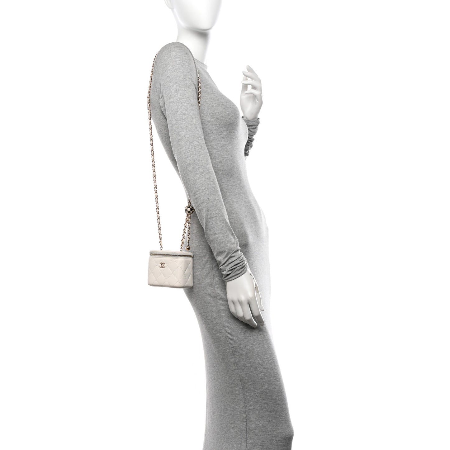 Lambskin Quilted Enamel Pearl Crush Mini Vanity Case With Chain White