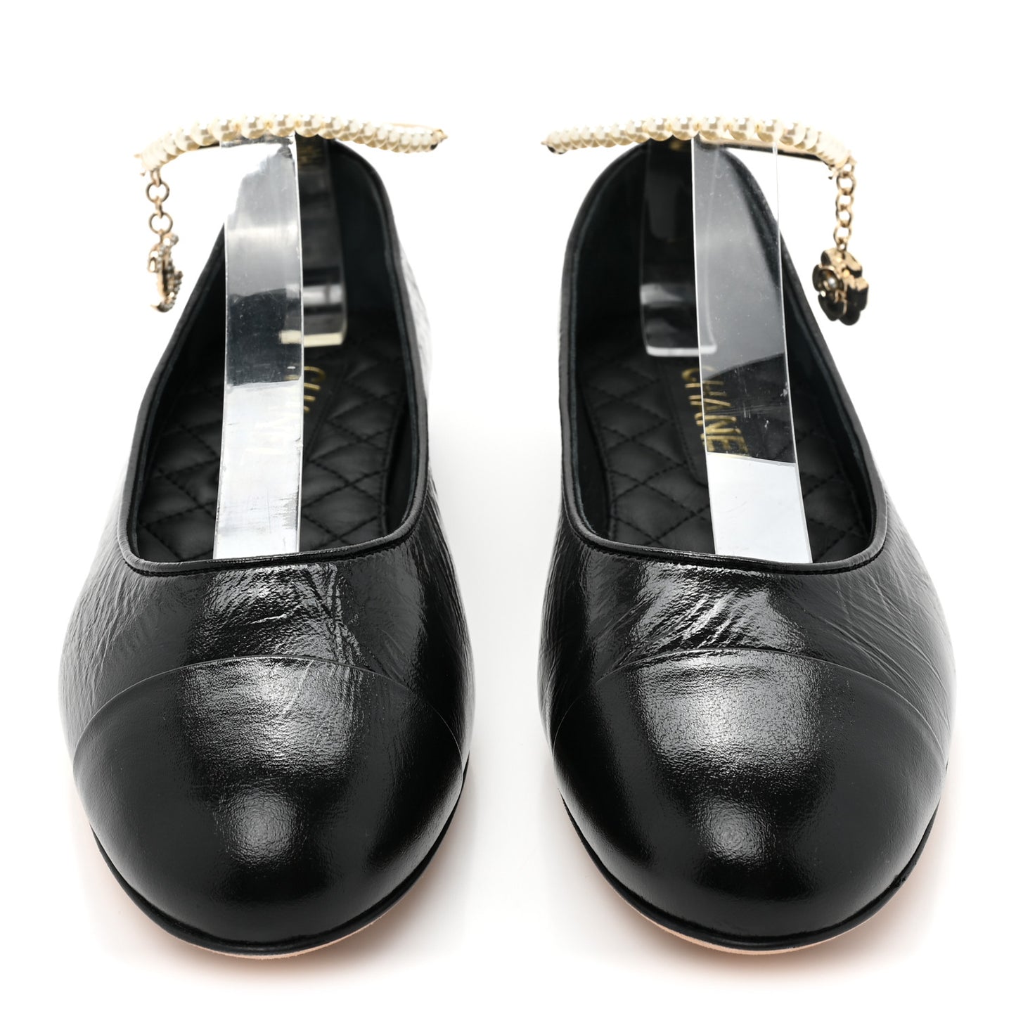 Lambskin Patent Calfskin Cap Toe Ankle Chain Ballerina Flats 39 Black