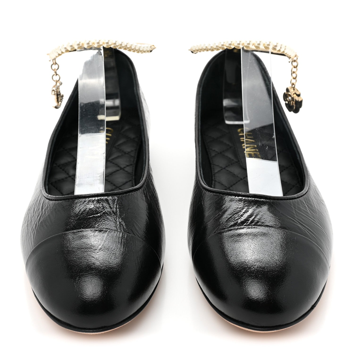 Chanel Lambskin Patent Calfskin Cap Toe Ankle Chain Ballerina Flats 39 Black 2 of 9