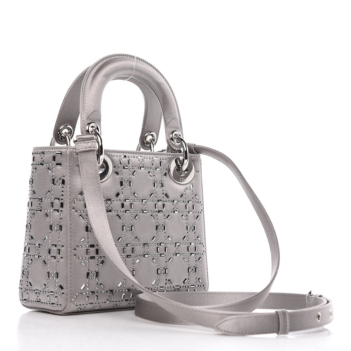 Satin Crystal Cannage Mini Lady Dior Gray