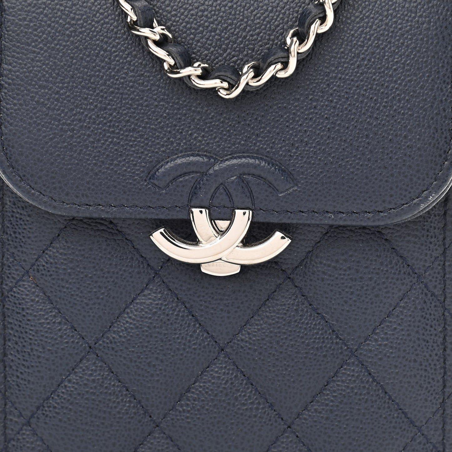 Grained Calfskin Quilted CC Box Clutch With Chain Navy