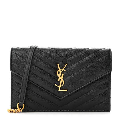 Saint Laurent Grain De Poudre Matelasse Chevron Monogram Envelope Chain Wallet Black 1 of 9