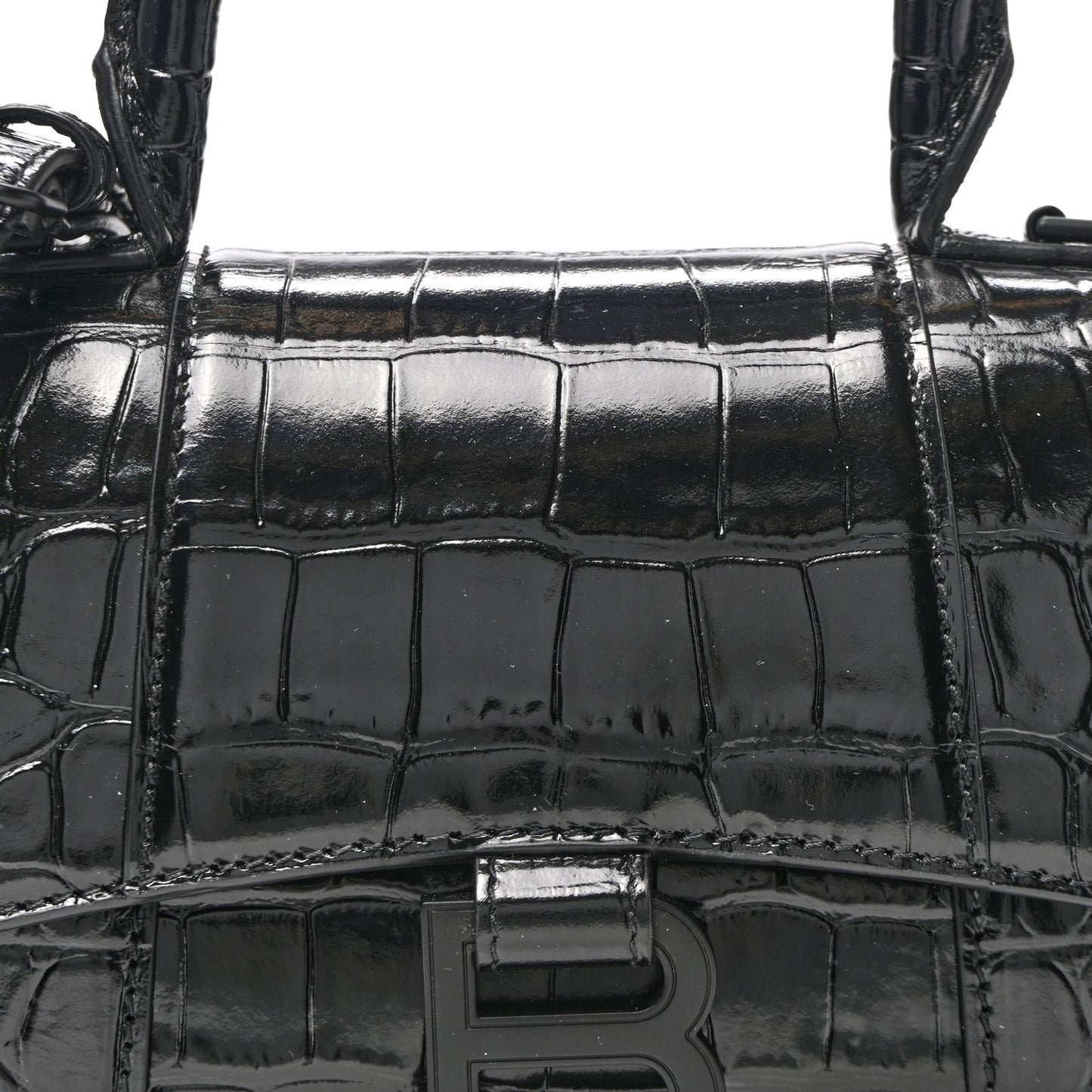 Shiny Calfskin Monochrome Crocodile Embossed Hourglass Top Handle Bag XS Black