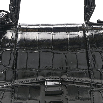 Balenciaga Shiny Calfskin Monochrome Crocodile Embossed Hourglass Top Handle Bag XS Black 9 of 12