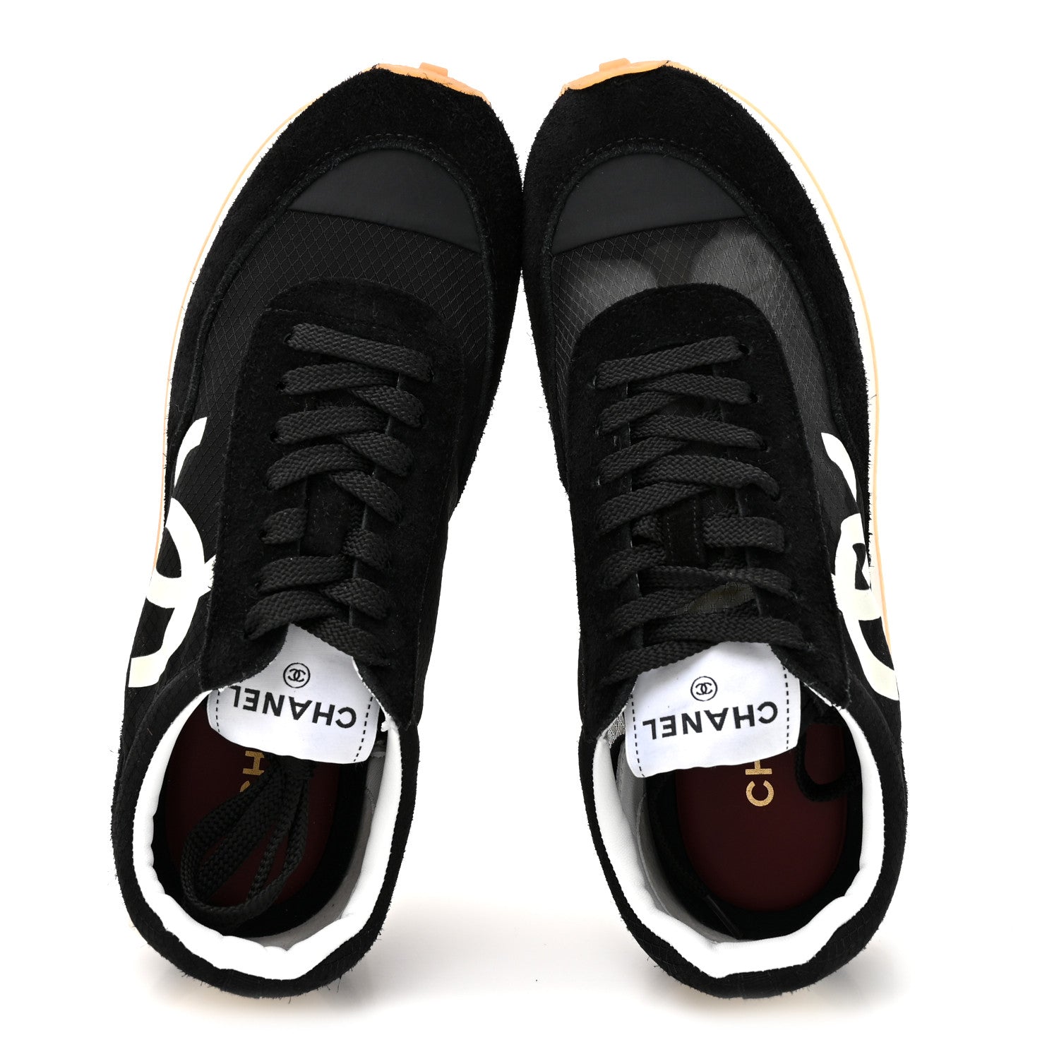 Chanel Mesh Suede Calfskin Womens Logo Sneakers 38.5 Black White 2 of 10