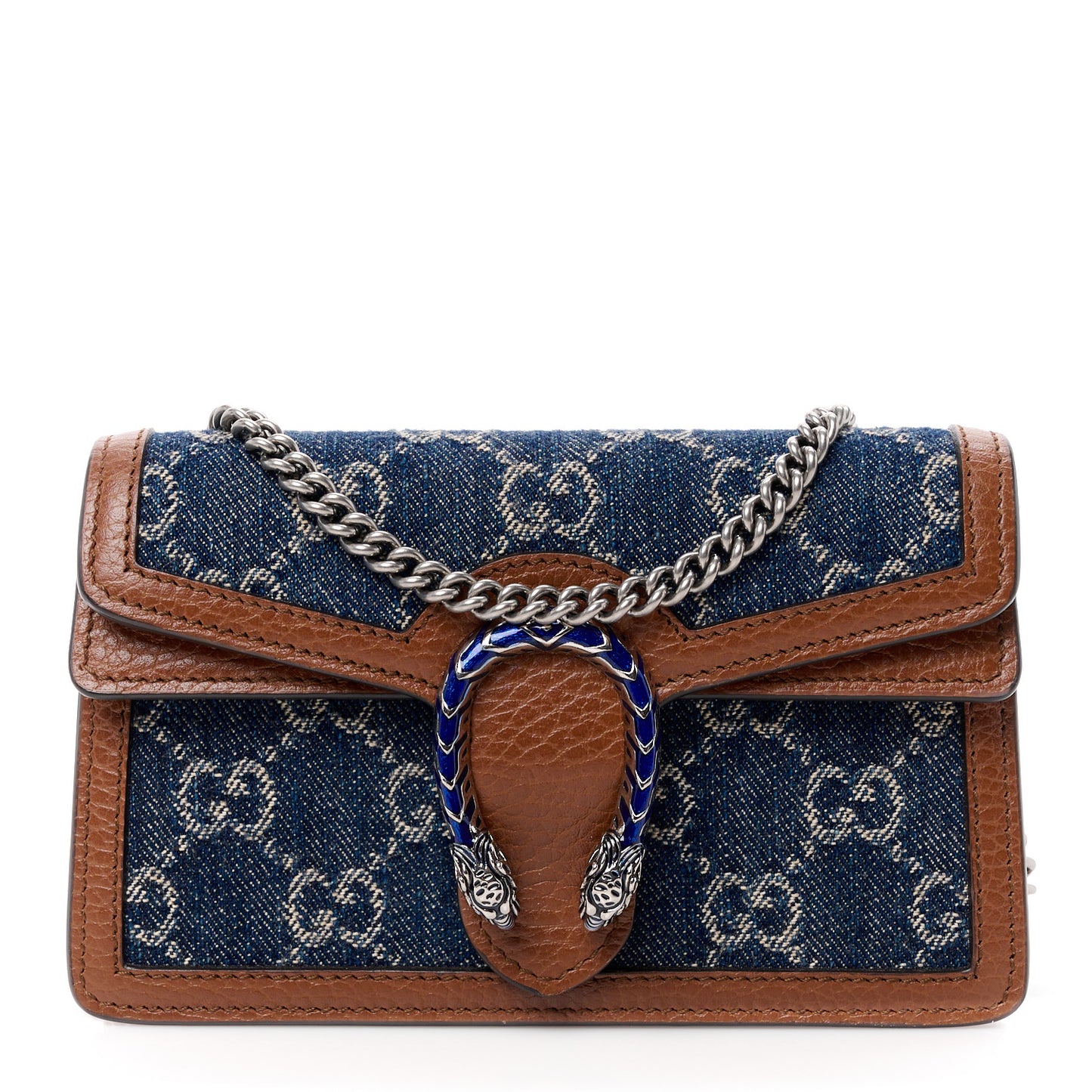 New Denim GG Monogram Dollar Calfskin Enamel Super Mini Dionysus Shoulder Bag Blue Tea Cuir Epilog Electric Blue