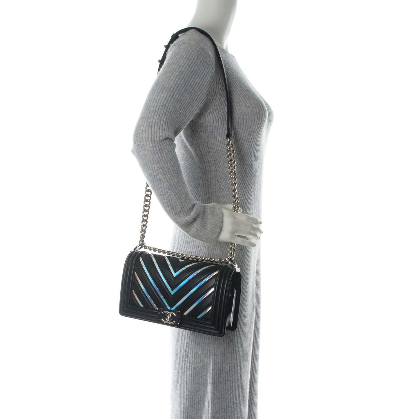 Lambskin Iridescent PVC Chevron Quilted Medium Boy Flap Black Silver
