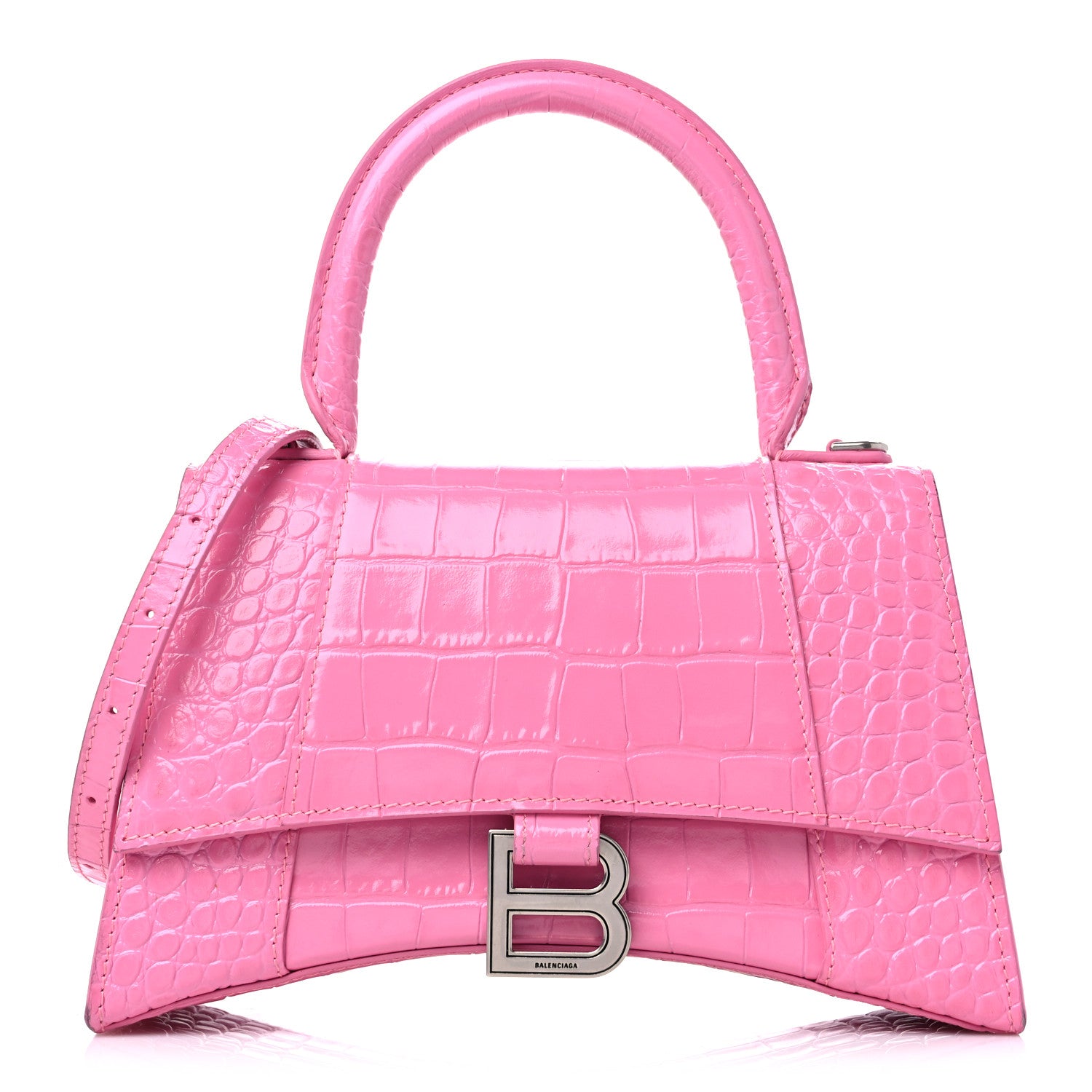 Balenciaga Shiny Calfskin Crocodile Embossed Small Hourglass Top Handle Bag Baby Pink 1 of 13