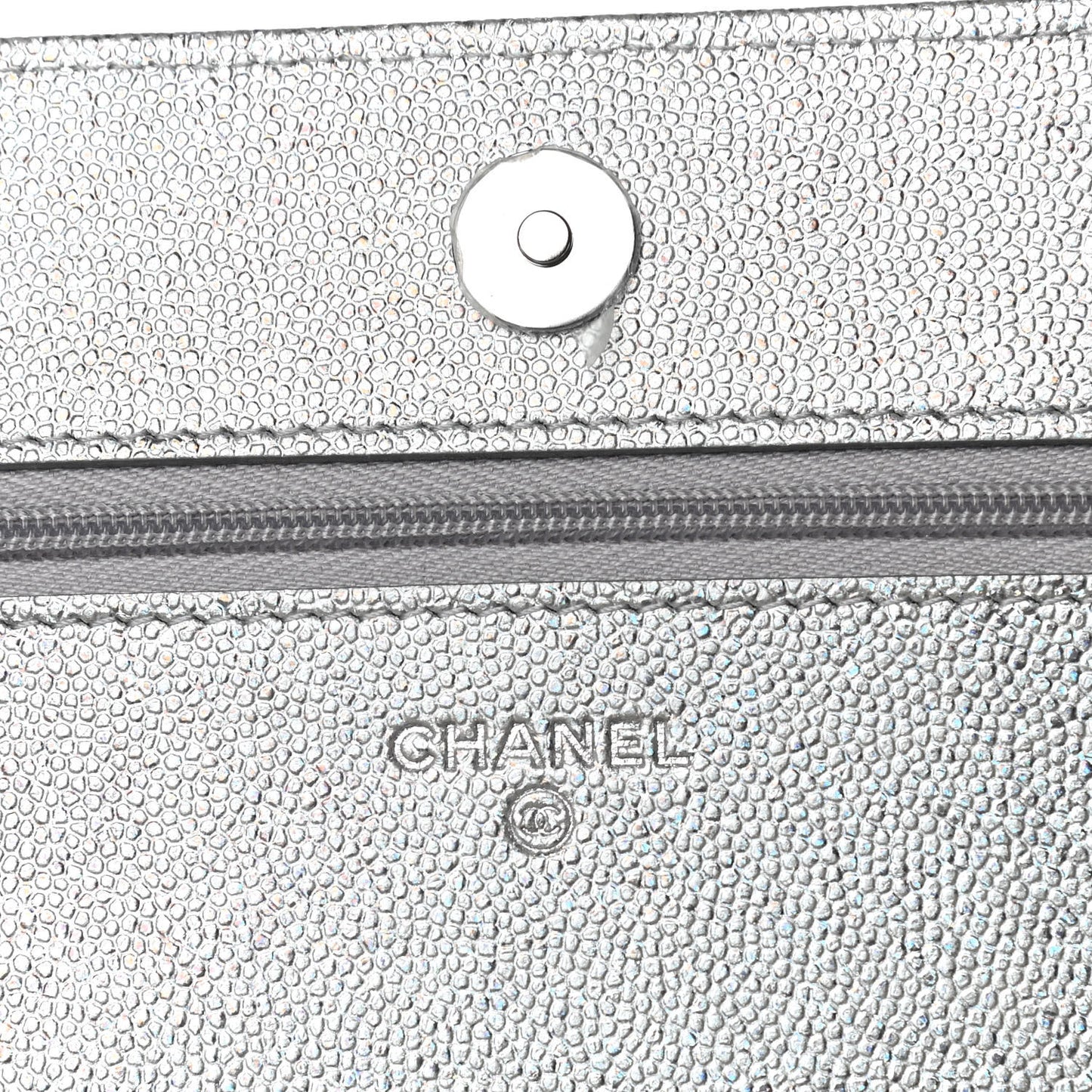 Glittered Metallic Caviar Quilted Wallet On Chain WOC Silver